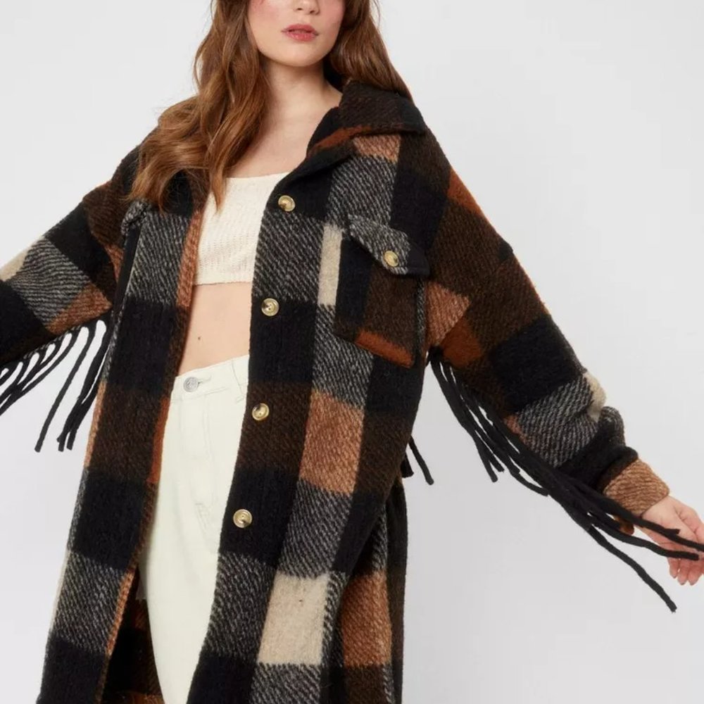 Nasty Gal Plaid Fringe Shacket Longline Jacket